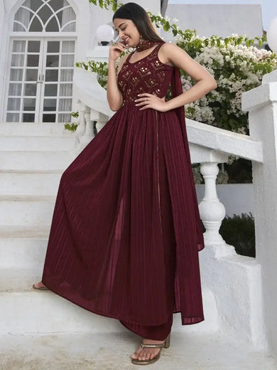 Wonderful Maroon Sequined Georgette Readymade Palazzo Suit